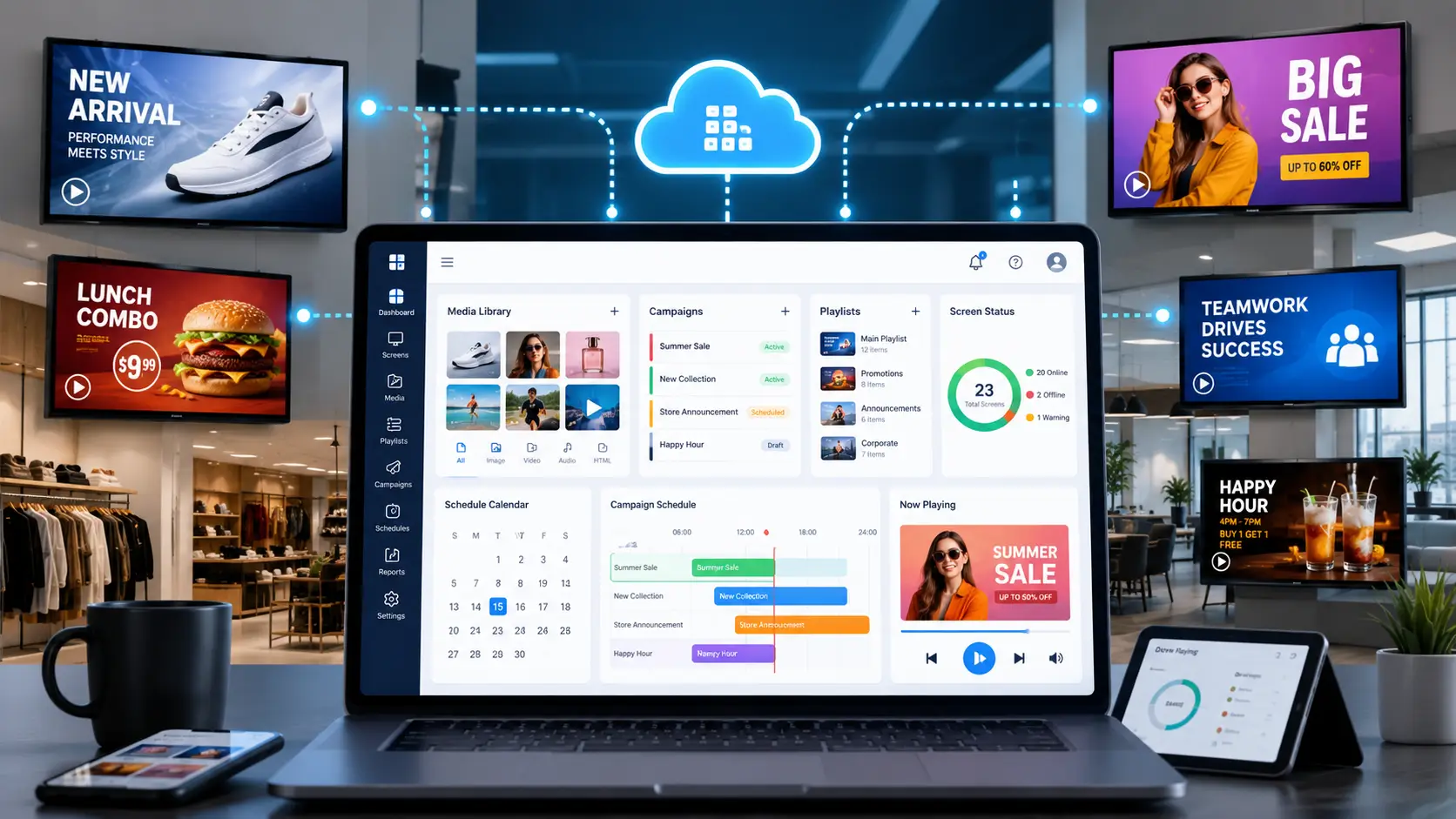 Software centralizado para administrar pantallas publicitarias, campañas, horarios, contenido y reproducción desde una plataforma digital.